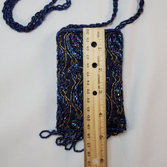 Vintage Blue Beaded Evening Bag With Fringe & Strap - Picture 11 of 12